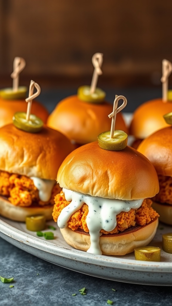 Buffalo chicken sliders topped with pickles and drizzled with ranch dressing