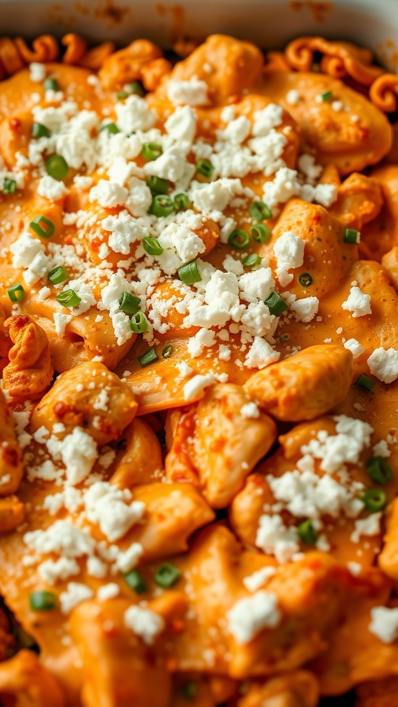 A delicious Buffalo Ranch Chicken Casserole topped with green onions and cheese.