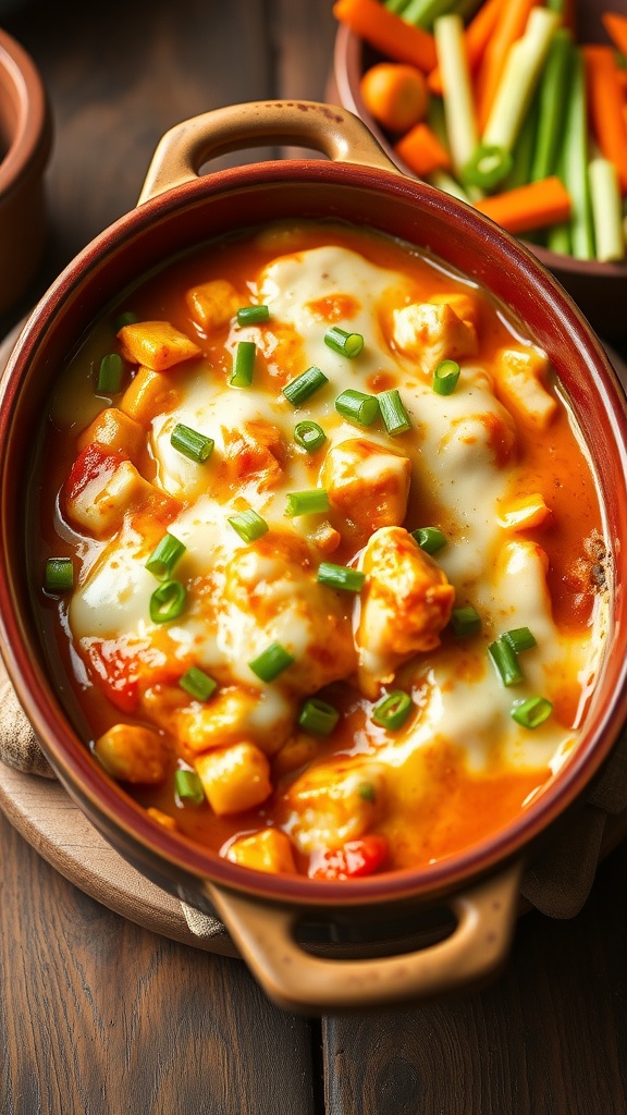 A plate of Buffalo Chicken Casserole garnished with green onions, with a casserole dish in the background.