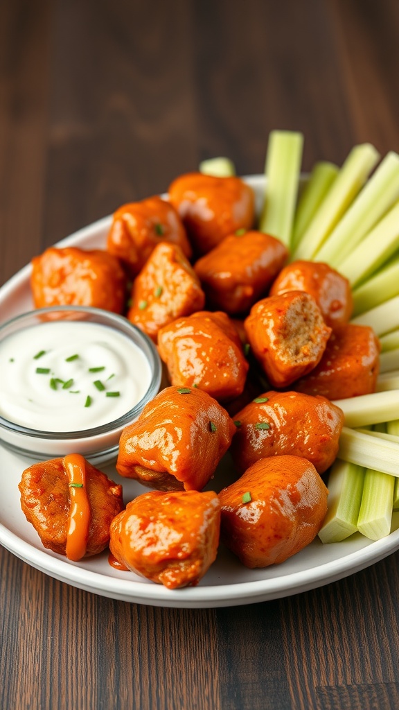 A plate of buffalo steak bites with ranch dip and celery sticks.