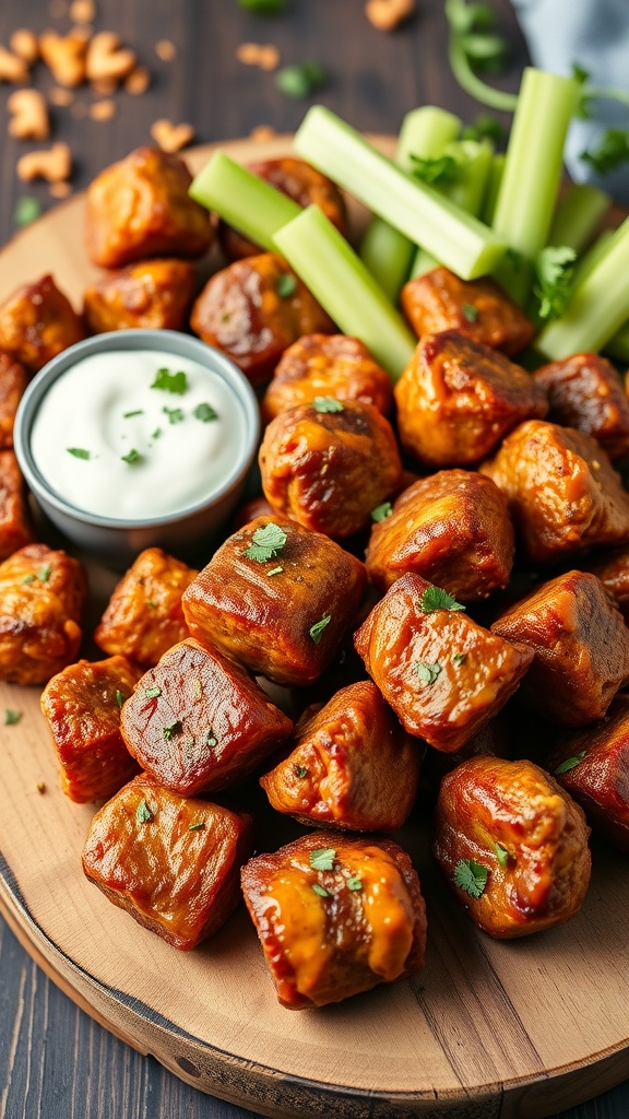 Buffalo steak bites served with ranch dip and celery sticks on a wooden platter.