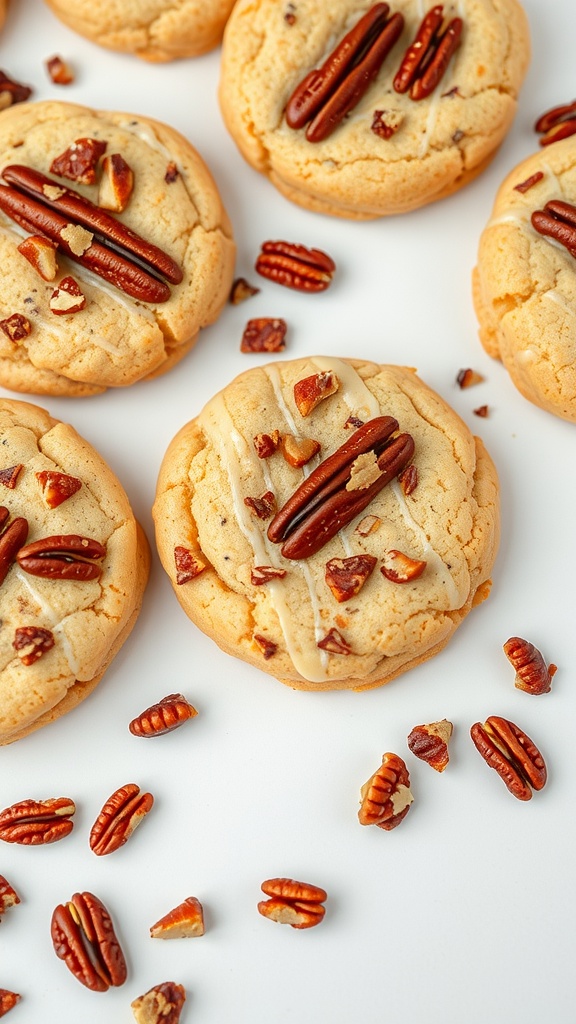 Butter pecan cookies with pecan halves on top, surrounded by scattered pecans.