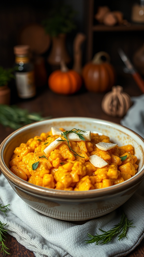 A bowl of butternut squash risotto topped with herbs and cheese.