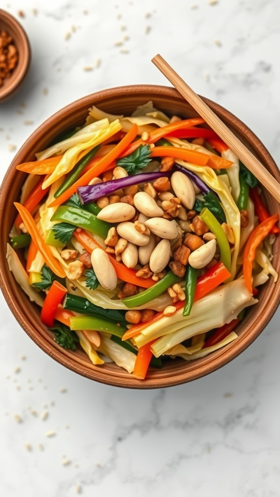 A bowl of colorful cabbage stir-fry with peanuts, featuring vibrant vegetables.