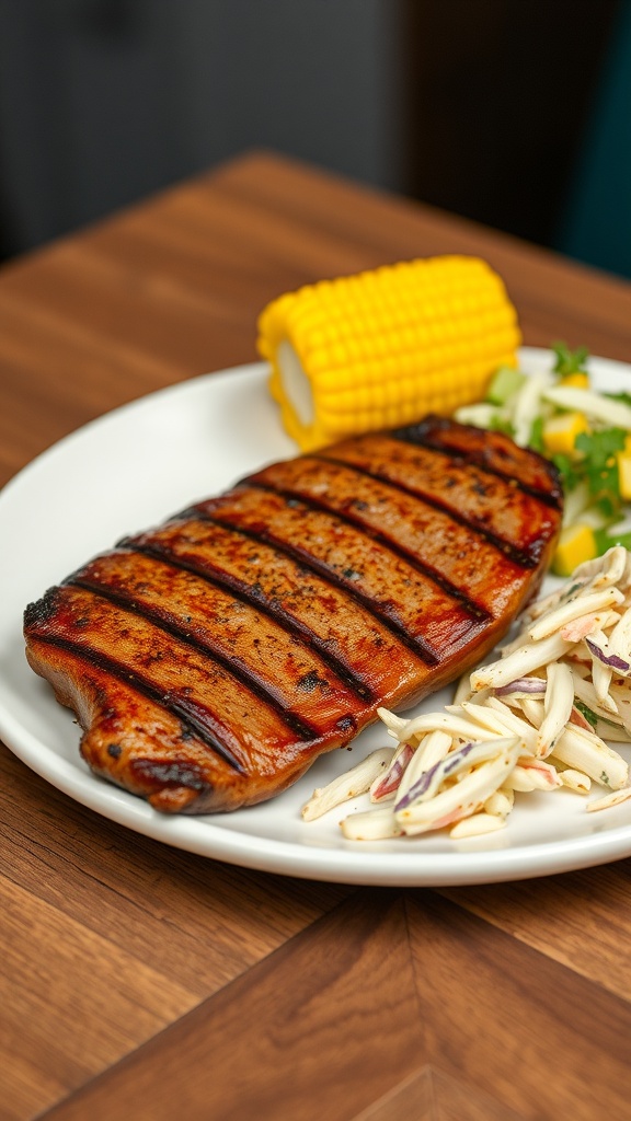 A grilled Cajun-spiced New York strip steak served with corn on the cob and coleslaw on a white plate.