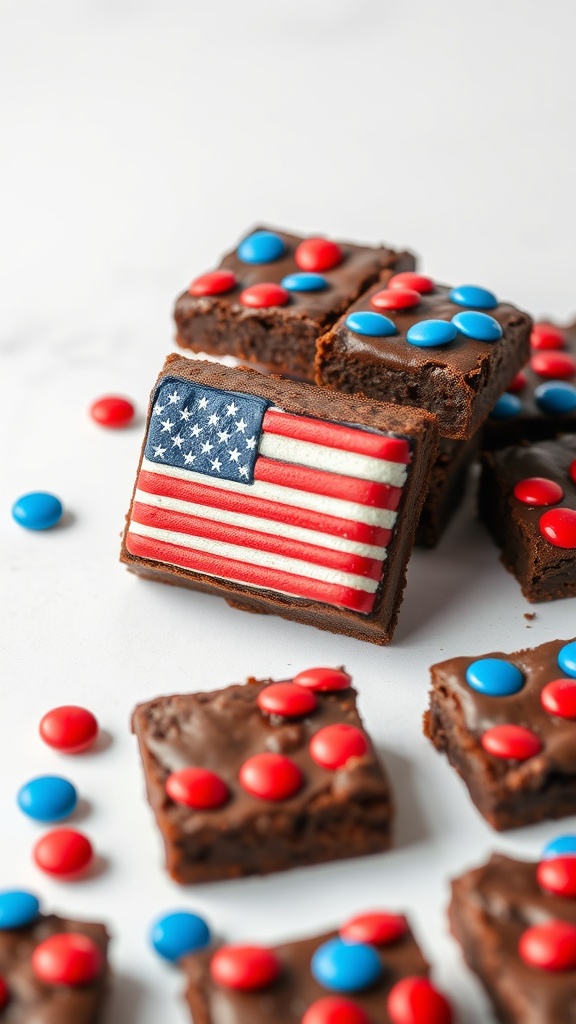 Candy Flag Brownies topped with red and blue candies, designed to look like the American flag.