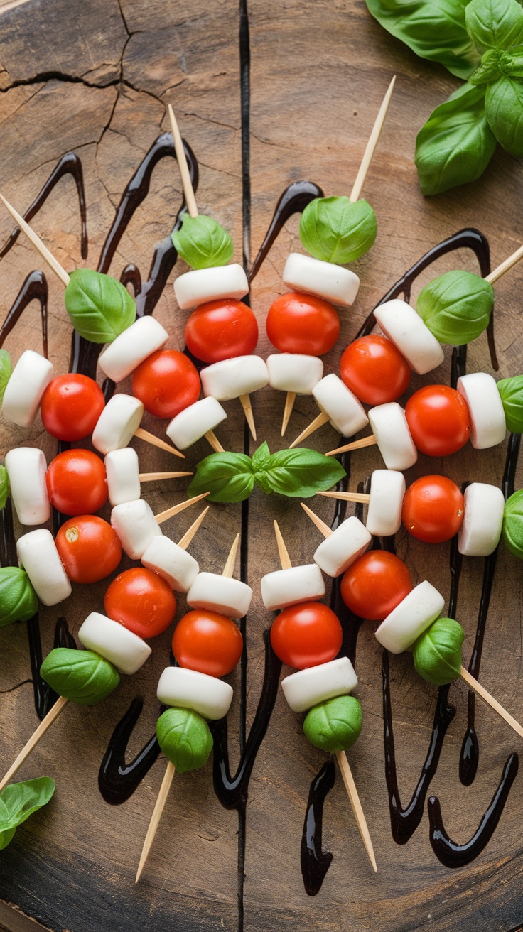 Caprese salad skewers featuring cherry tomatoes, mozzarella balls, and fresh basil on a wooden board.