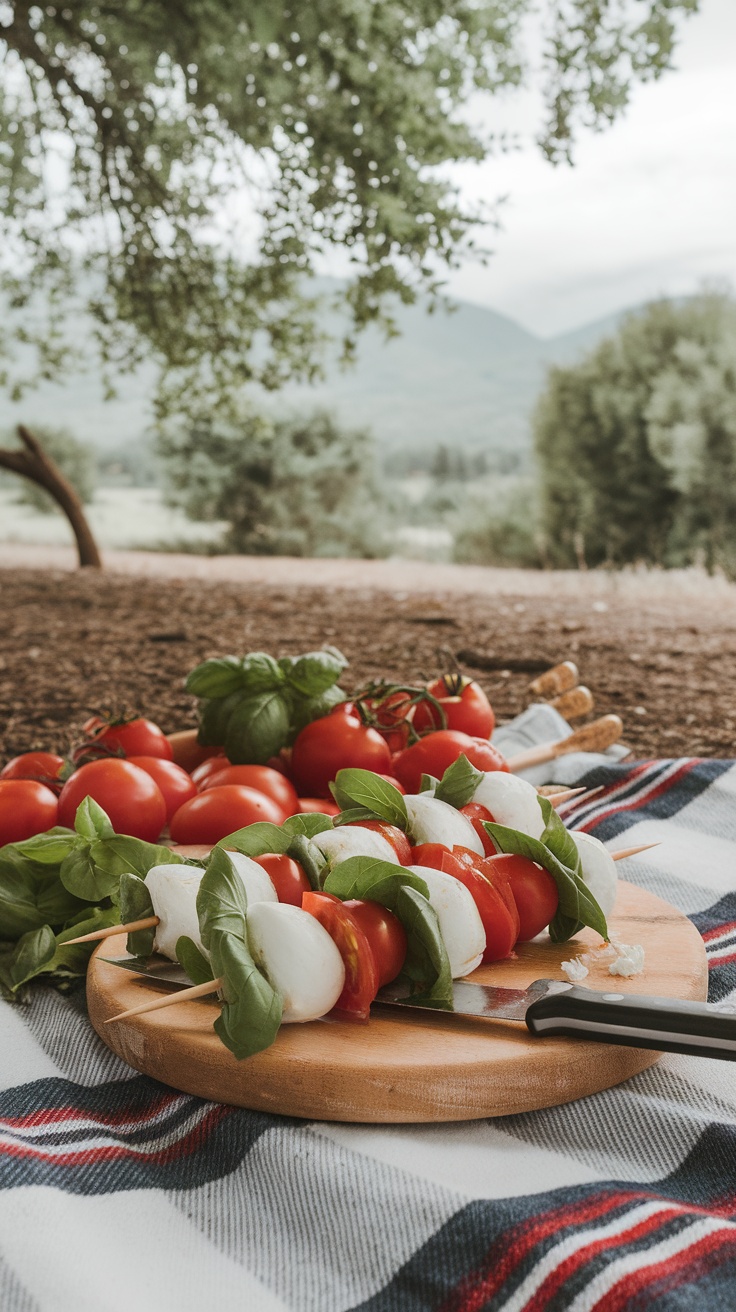 A plate of Caprese salad skewers with mozzarella, cherry tomatoes, and basil on a red and white checkered tablecloth.