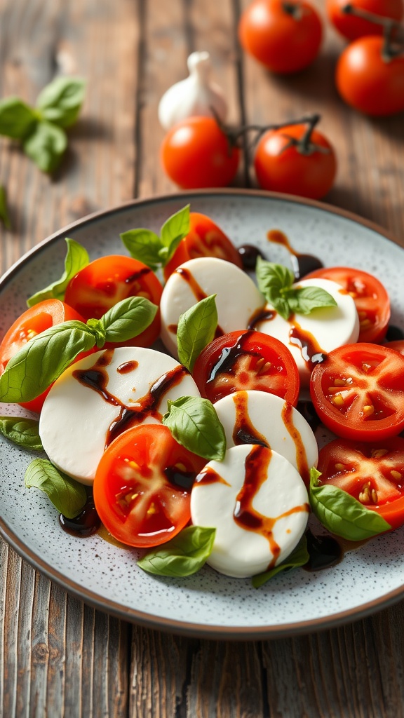 A delicious Caprese Salad with fresh mozzarella, tomatoes, and basil drizzled with balsamic glaze.
