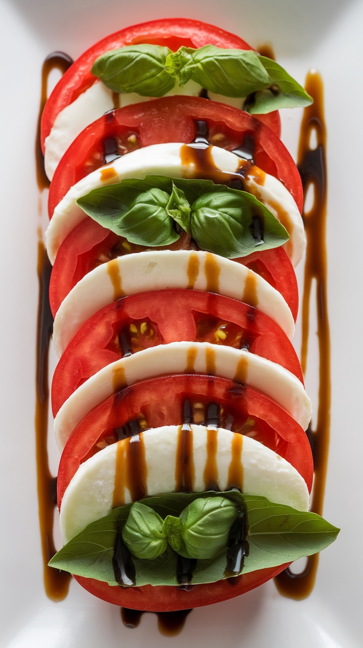 A plate of Caprese salad featuring mozzarella, tomatoes, and basil drizzled with balsamic glaze.