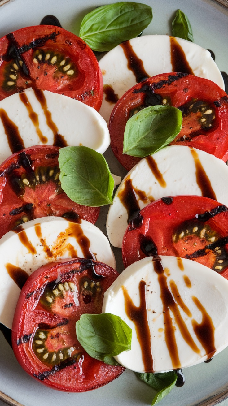 A plate of Caprese salad featuring grilled tomatoes and mozzarella, garnished with basil leaves and drizzled with balsamic glaze.