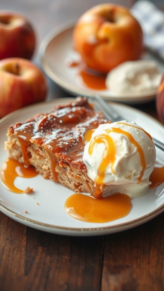 A slice of caramel apple cake topped with vanilla ice cream and caramel sauce, surrounded by fresh apples.