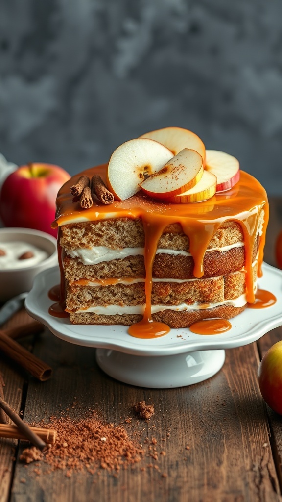 Layered caramel apple cake topped with slices of apple and caramel sauce, placed on a white cake stand.
