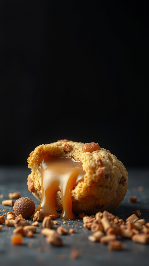 A caramel stuffed cookie with gooey caramel oozing out, surrounded by cookie crumbs.