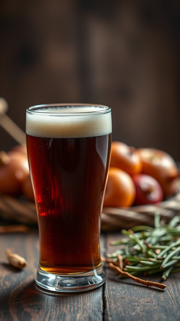 A glass of brown ale with a foamy top, surrounded by fresh ingredients.