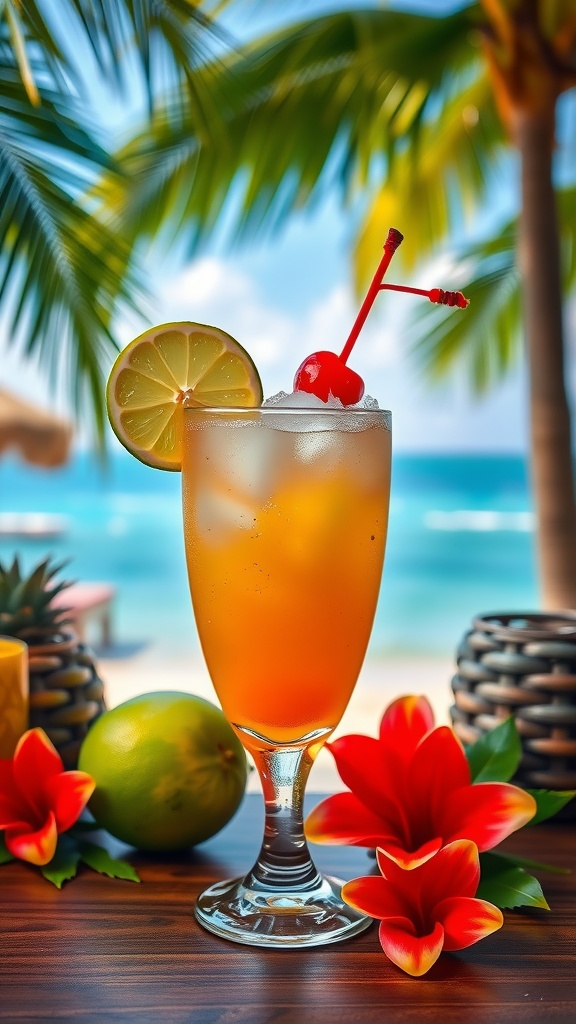 A refreshing Caribbean Rum Sour cocktail with a cherry and lime garnish, set against a tropical beach background.