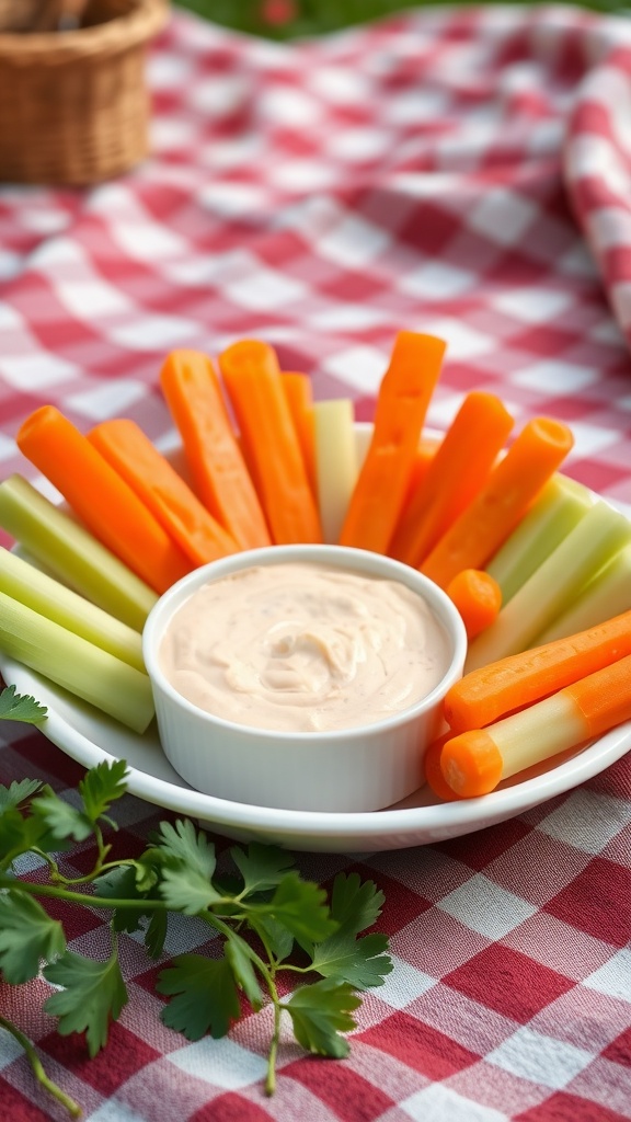 A plate of carrot and celery sticks arranged around a bowl of dip on a picnic blanket.