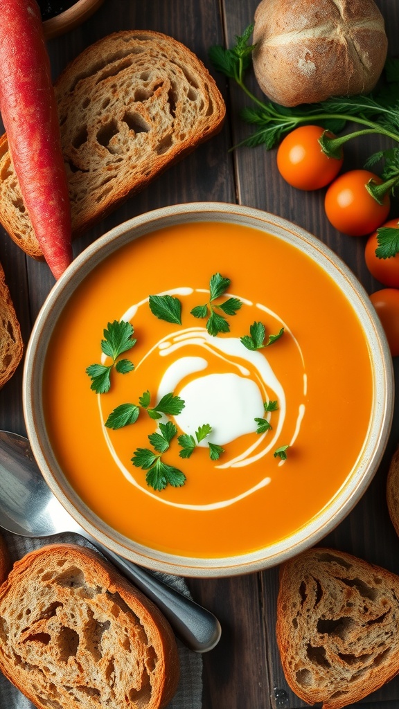 A bowl of bright orange carrot and ginger soup topped with fresh herbs, surrounded by slices of bread and fresh vegetables.