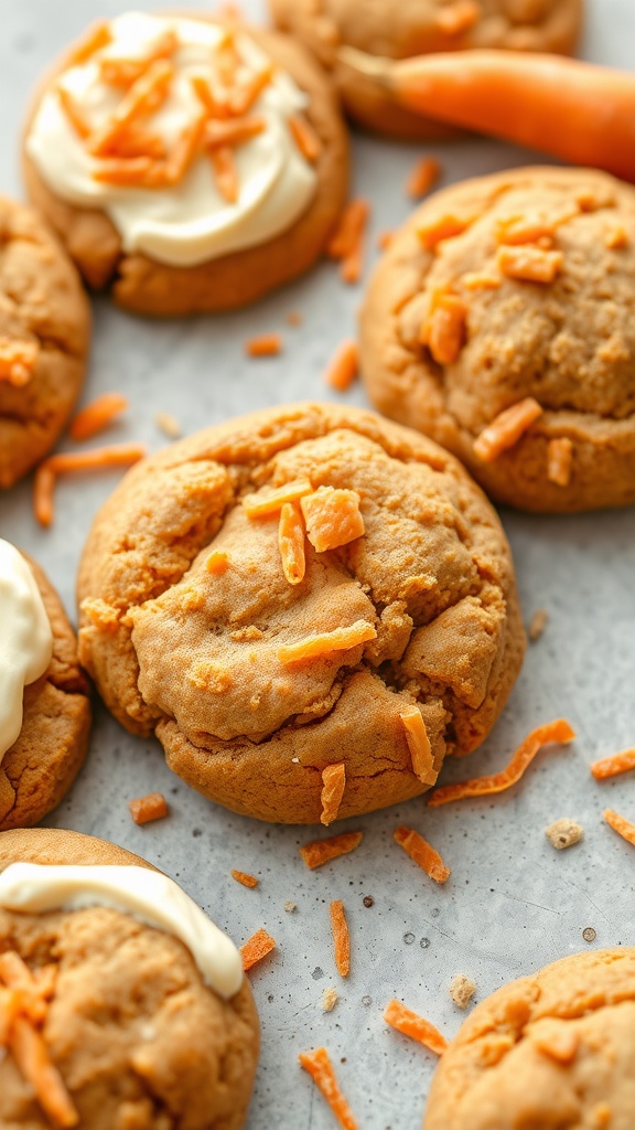 A close-up of carrot cake cookies with cream cheese frosting and carrot shreds on top.
