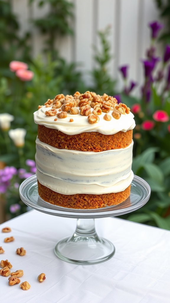 A beautifully decorated carrot cake with walnuts on top, displayed on a glass cake stand surrounded by flowers.