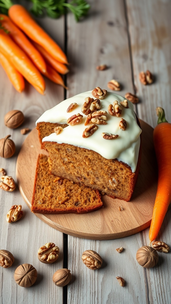 A slice of carrot cake with walnuts on a wooden plate, surrounded by fresh carrots and nuts.