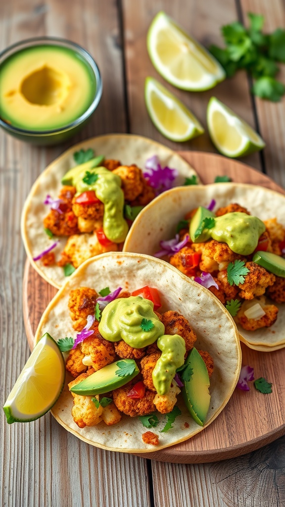 Three cauliflower tacos on a wooden platter, garnished with avocado crema, cilantro, and lime wedges.