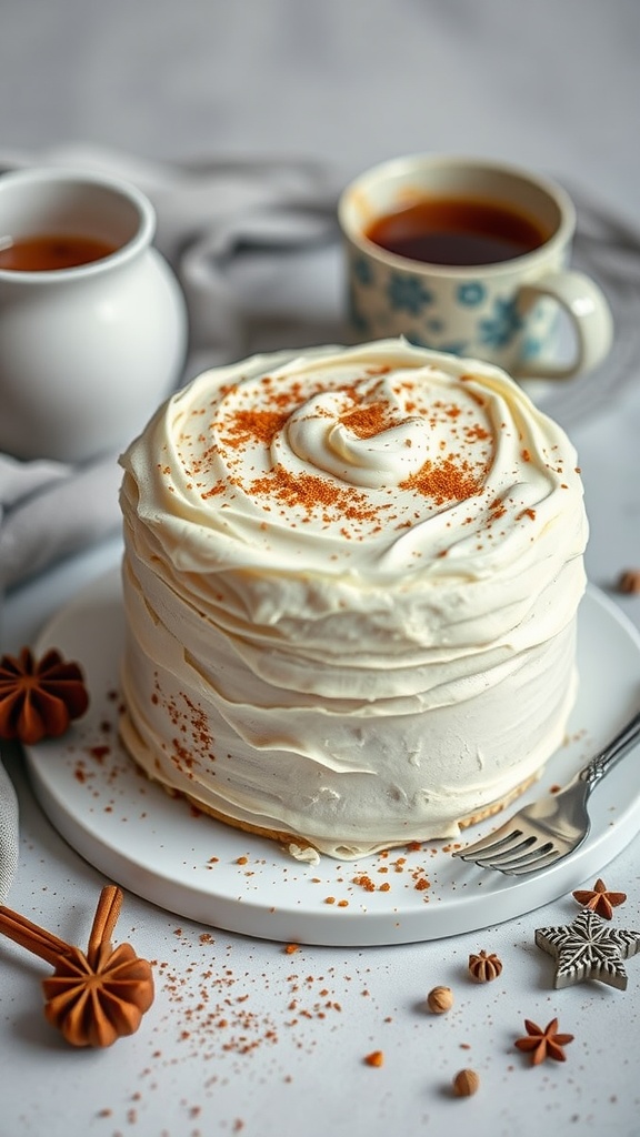 A beautifully decorated chai spice cake with cream frosting and a sprinkle of cinnamon, surrounded by star anise and a cup of tea.