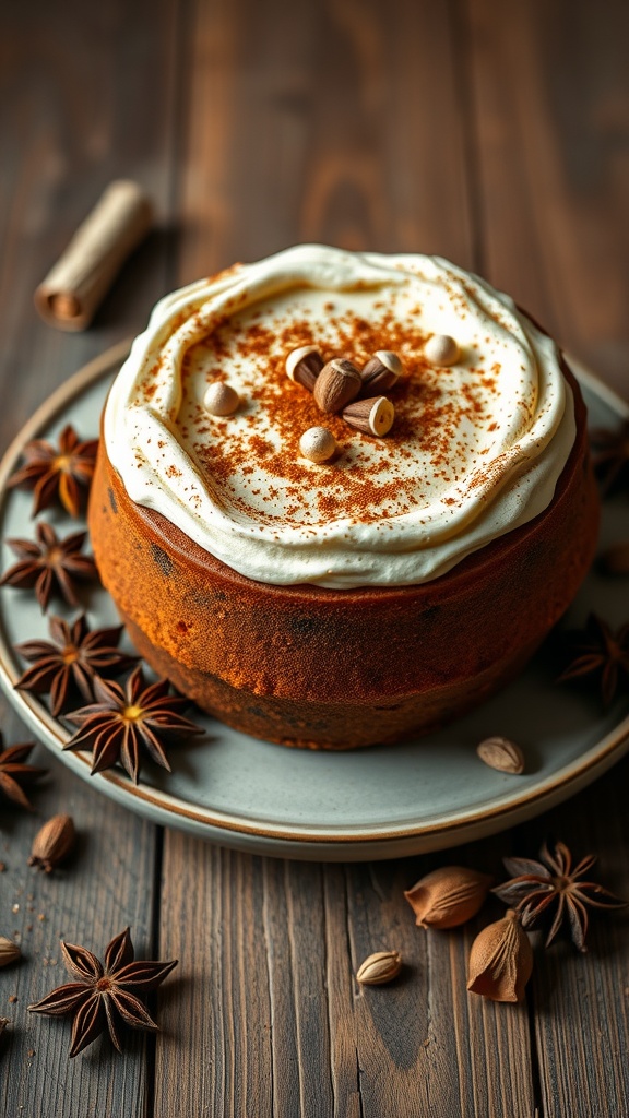 Chai Spice Cake topped with creamy frosting and decorated with spices on a wooden table