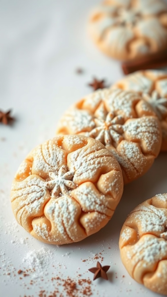 Chai spiced cookies with powdered sugar and intricate designs