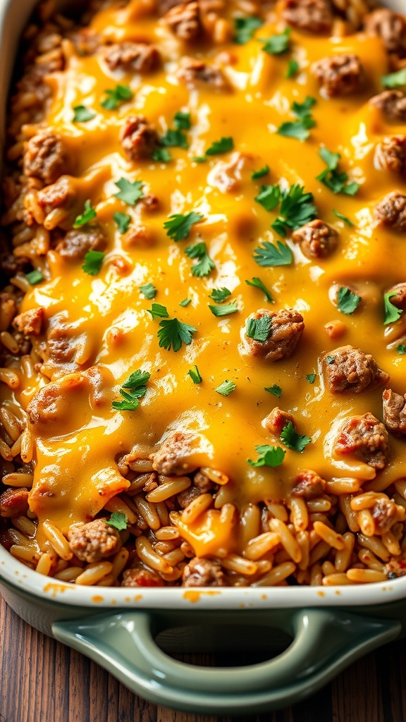 A delicious looking cheesy beef and rice casserole with ingredients like ground beef, rice, and melted cheese, garnished with parsley.