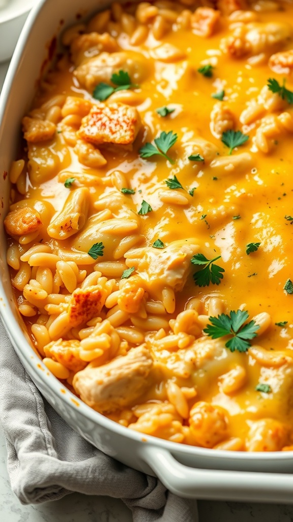 A close-up view of Cheesy Chicken and Rice Casserole with a golden cheesy topping.