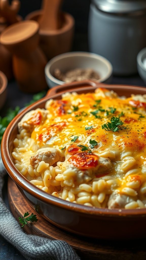 A creamy and cheesy chicken and rice casserole topped with melted cheese and garnished with parsley.