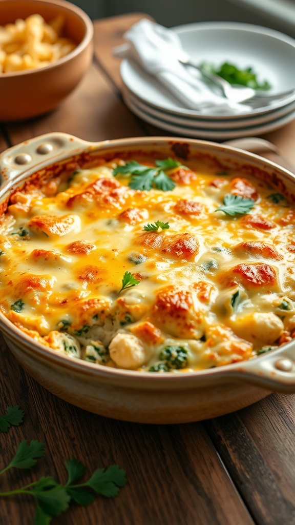 A creamy chicken casserole with spinach and cheese, baked to golden perfection, served in a dish.