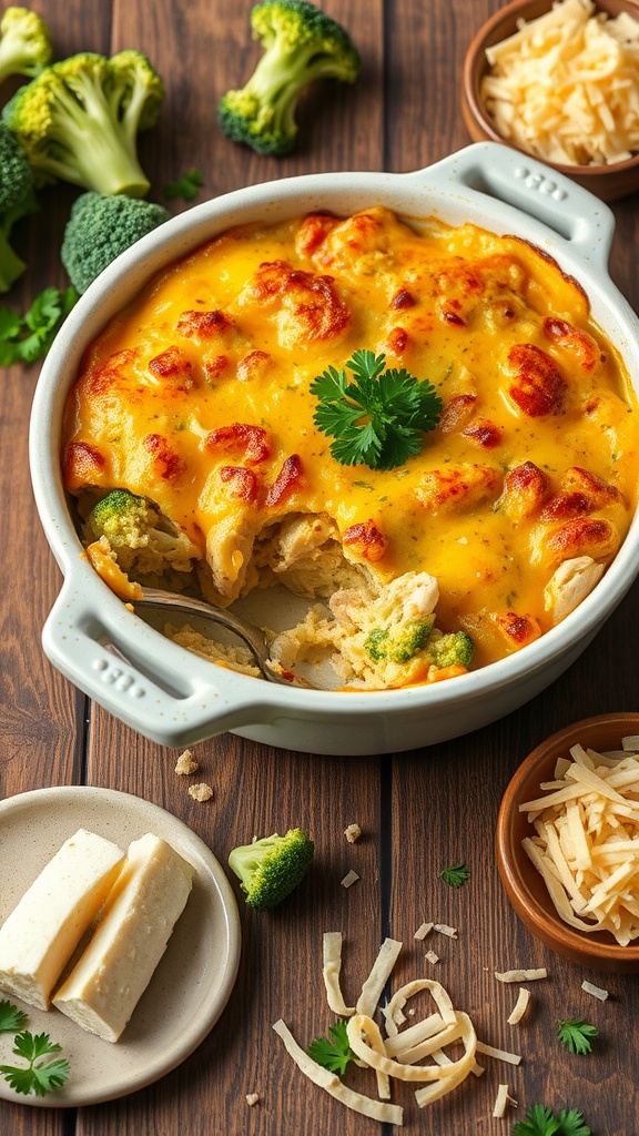 A delicious Cheesy Chicken Broccoli Casserole in a baking dish, surrounded by fresh broccoli and cheese ingredients.