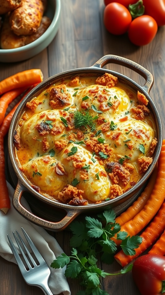 Cheesy chicken casserole with a golden topping, surrounded by fresh ingredients like tomatoes and carrots.