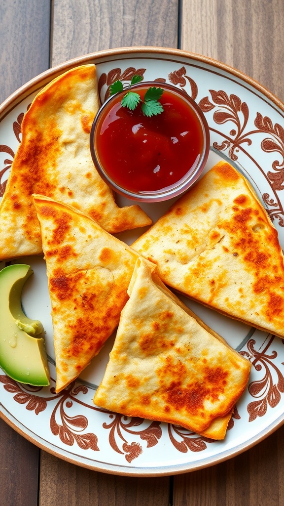 Plate of cheesy quesadilla triangles served with salsa and avocado