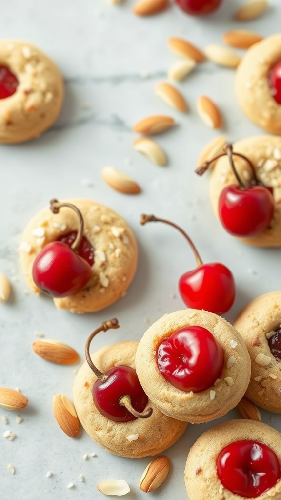 A close-up of cherry almond cookies topped with bright red cherries and scattered almond slivers.