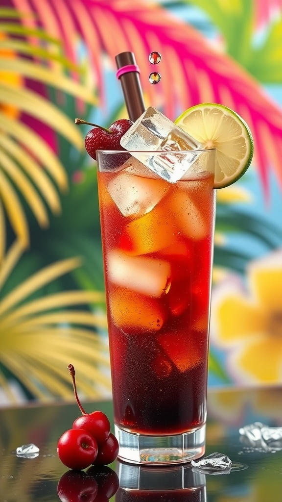 A refreshing Cherry Rum Cola cocktail garnished with cherries and a lime slice, with a tropical background.