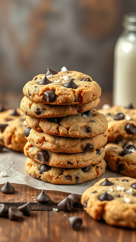 A stack of chewy chocolate chip cookies topped with flaky sea salt, with some cookies and chocolate chips scattered around.