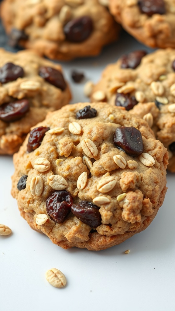 Close-up of chewy oatmeal raisin cookies with oats and raisins on a white background.