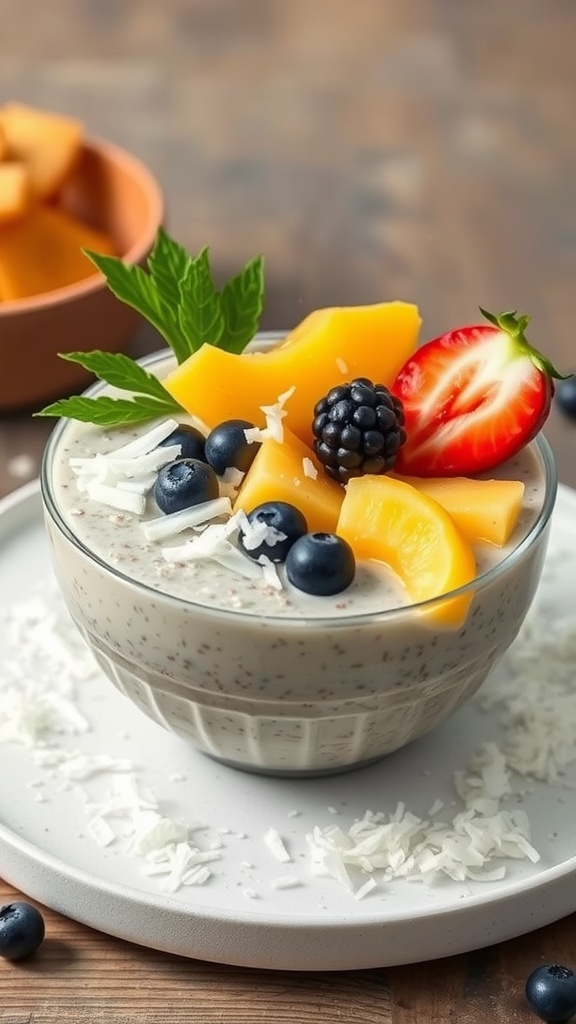 Chia seed pudding with coconut topped with fresh fruits