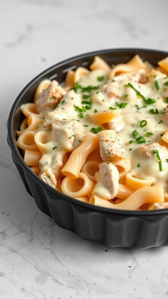 A chicken alfredo casserole with pasta, chicken pieces, and creamy sauce topped with herbs.