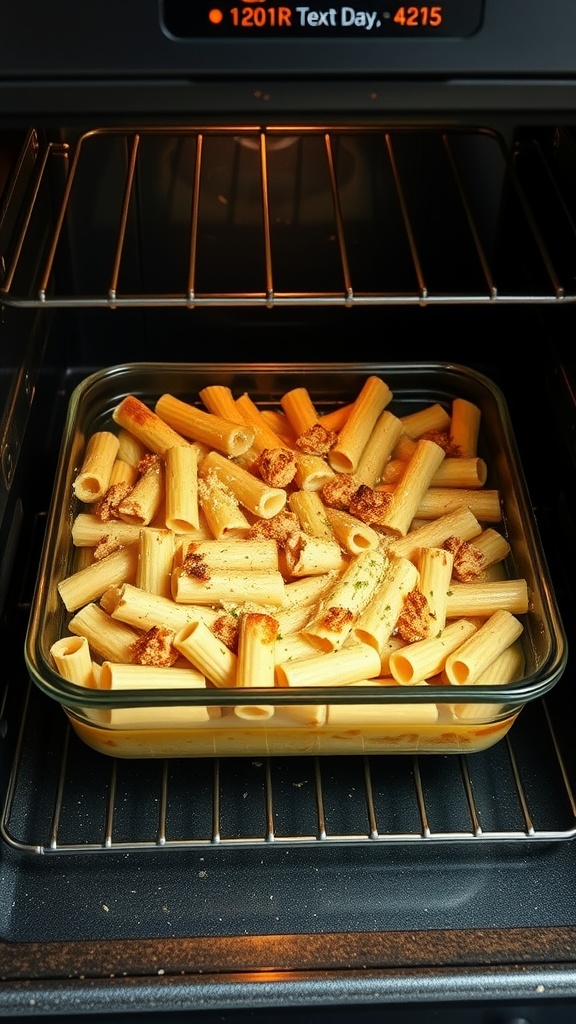 A glass baking dish with Chicken Alfredo Pasta Bake in an oven