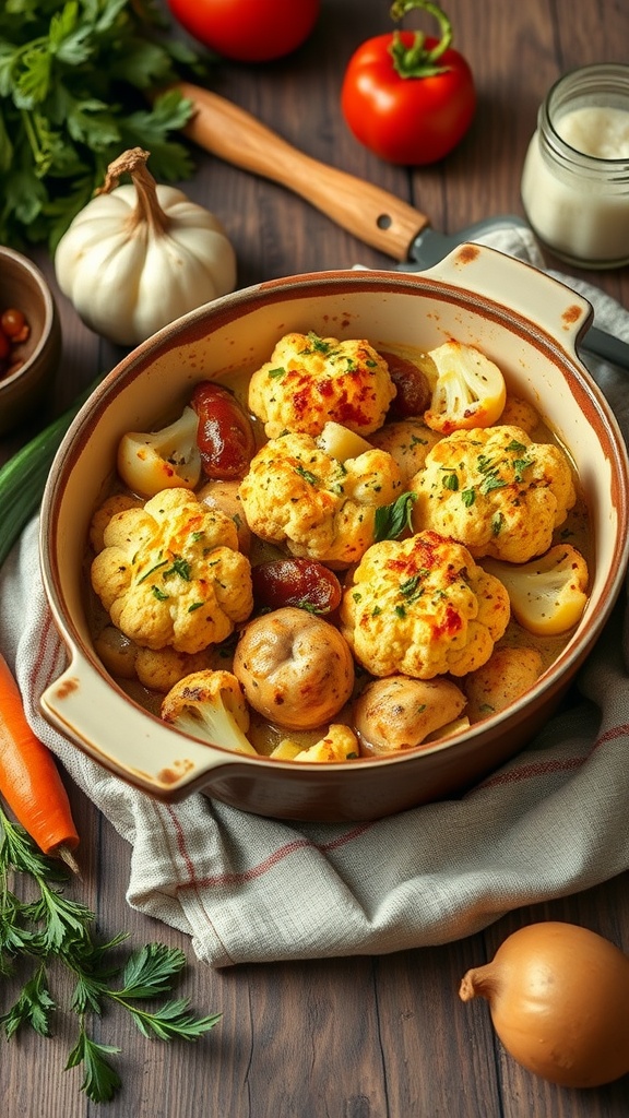 A delicious chicken and cauliflower bake in a casserole dish surrounded by fresh vegetables.