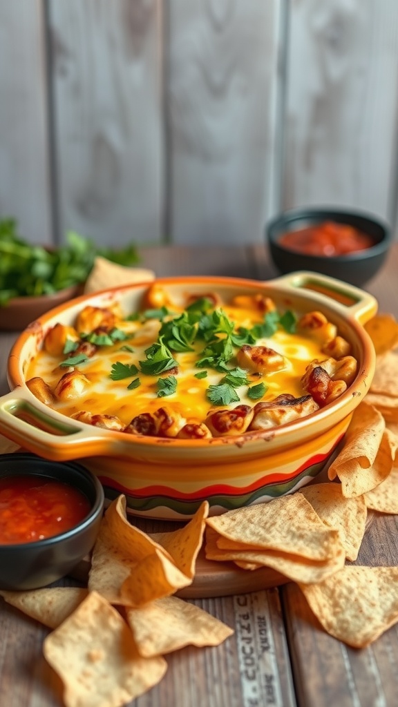 A colorful dish of Chicken and Cheese Tortilla Bake, garnished with cilantro, accompanied by tortilla chips and salsa.