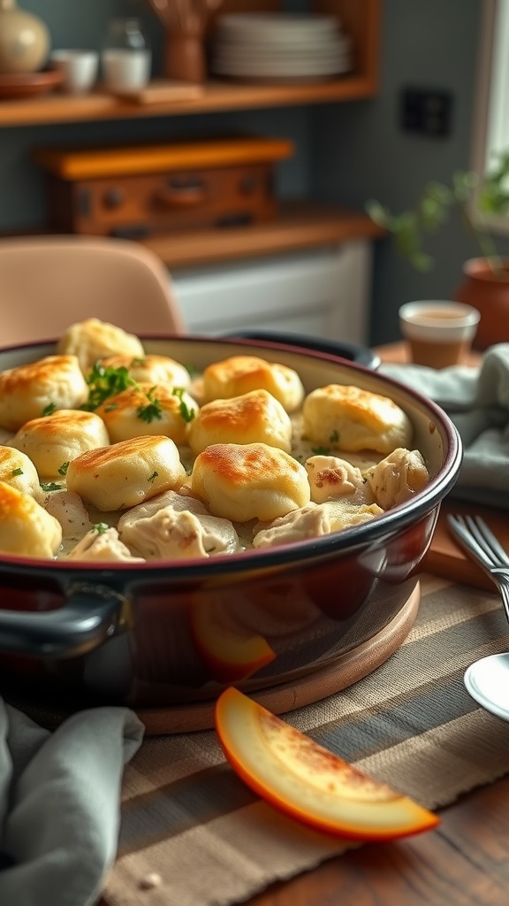 A close-up of a chicken and dumplings casserole with golden dumplings and creamy filling.