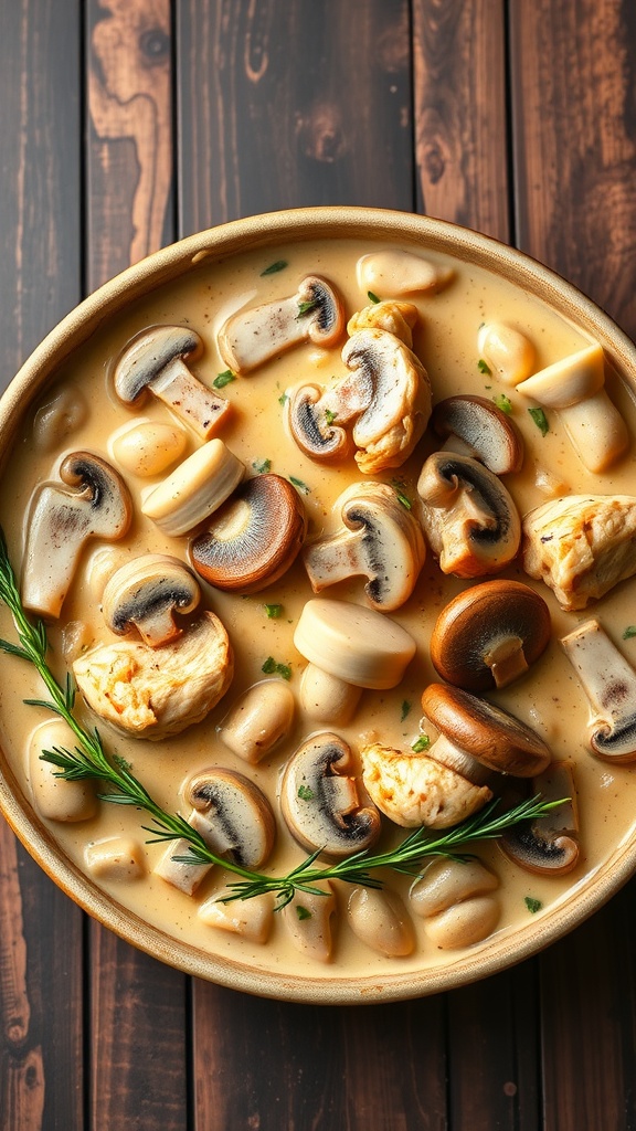 A comforting chicken and mushroom casserole in a bowl, filled with chicken pieces and various mushrooms, garnished with herbs.