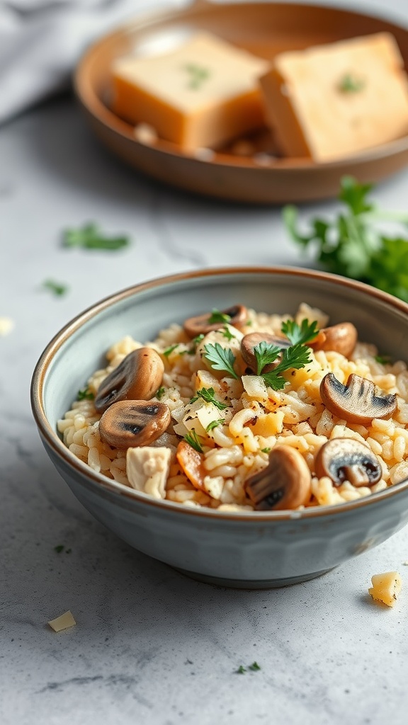 A bowl of chicken and mushroom risotto garnished with parsley, with cheese in the background.