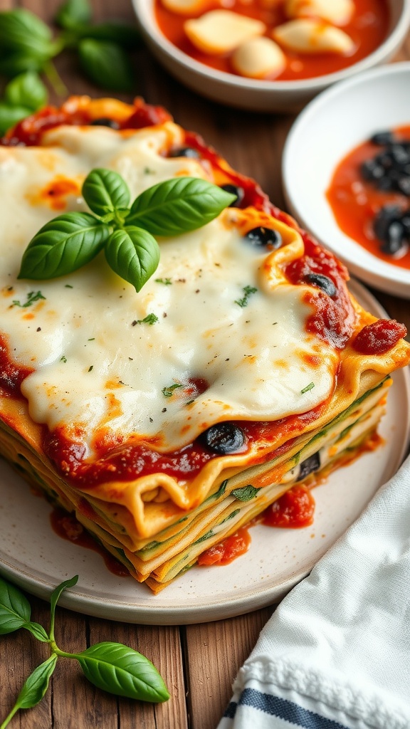 A delicious chicken and spinach lasagna topped with fresh basil and served on a plate.