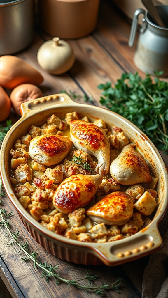 A delicious chicken and stuffing casserole in a baking dish, featuring golden chicken pieces and savory stuffing.